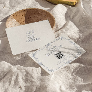 Boho Dusty Blue Blumen QR Code Botanische Hochzeit RSVP Karte