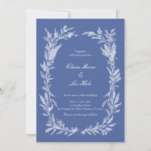 Boho Dusty Blue Botanischer Kranz Hochzeit Einladung (Vorderseite)