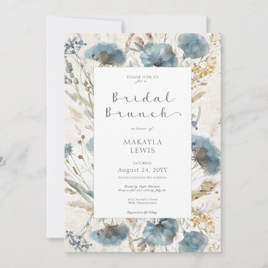 Boho Dusty Blue & Brown Floral Bridal Brunch Einladung (Vorderseite)