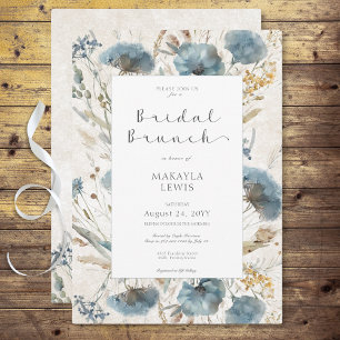 Boho Dusty Blue & Brown Floral Bridal Brunch Einladung