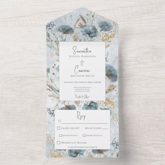 Boho Dusty Blue & Brown Floral Monogram Dinner All In One Einladung (Innen Boden)