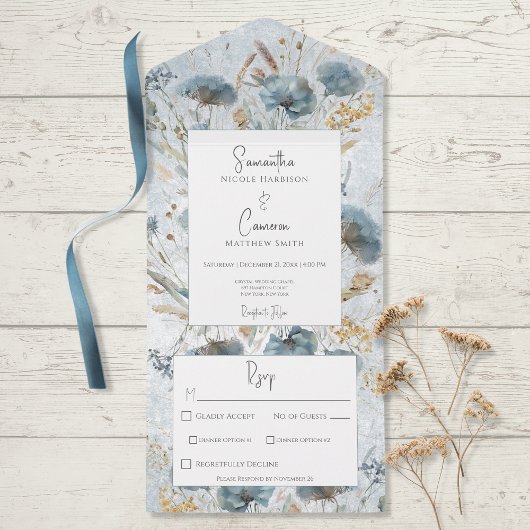Boho Dusty Blue & Brown Floral Monogram Dinner All In One Einladung