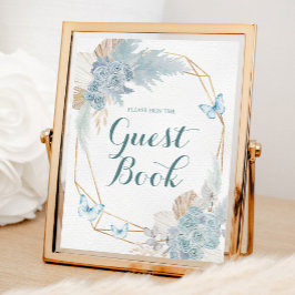 Boho Dusty Blue Butterfly Birthday Gästebuch