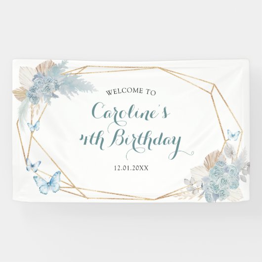 Boho Dusty Blue Butterfly Geburtstag Groß Banner (Horizontal)