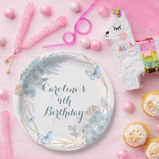 Boho Dusty Blue Butterfly Geometric Birthday Pappteller (Party)