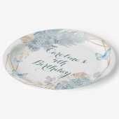 Boho Dusty Blue Butterfly Geometric Birthday Pappteller (Schrägansicht)