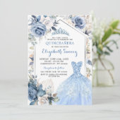 Boho Dusty Blue Dress Princess Quinceañera Einladung (Stehend Vorderseite)