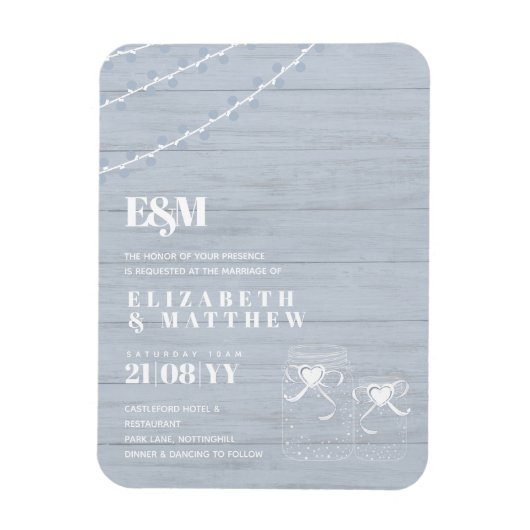 BOHO Dusty Blue Driftwood Mason Jars Wedding Magnet (Vertikal)