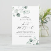 Boho Dusty Blue Eucalyptus Blätter Bat Mitzvah Einladung (Stehend Vorderseite)