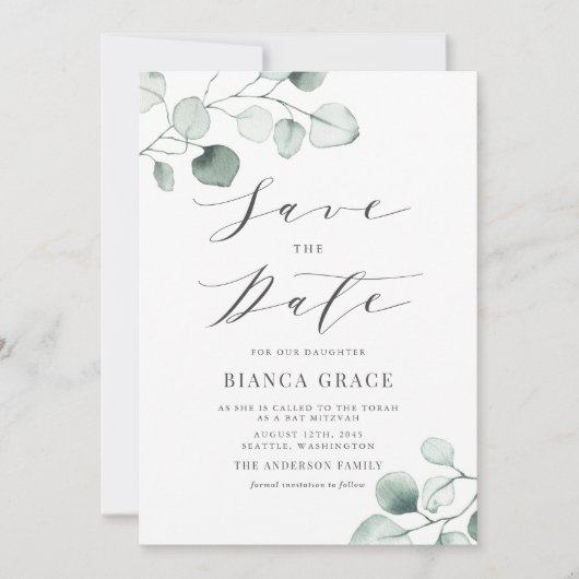 Boho Dusty Blue Eucalyptus Blätter Bat Mitzvah Save The Date (Vorderseite)