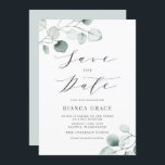 Boho Dusty Blue Eucalyptus Blätter Bat Mitzvah Save The Date<br><div class="desc">Save The Date! Ankündigung Ihrer Veranstaltung mit diesem anpassbaren Ankündigung Datum freihalten. Grüne Fledermaus mitzvah Einladung zeigt Aquarellfarben dusty blue eucalyptus Blätter mit einem whimsical Skript. Personalisieren Sie Ihre persönlichen Daten, indem Sie Ihre eigenen Daten hinzufügen. Dieser Eukalyptus Bat Mitzvah Save the Date ist perfekt für jede Jahreszeit und jedes...</div>