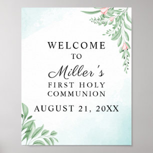 Boho Dusty Blue Eucalyptus Communion Willkommen Poster