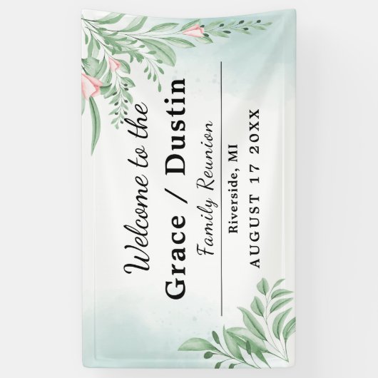 Boho Dusty Blue Eucalyptus Family Wiedersehen Banner (Vertikal)