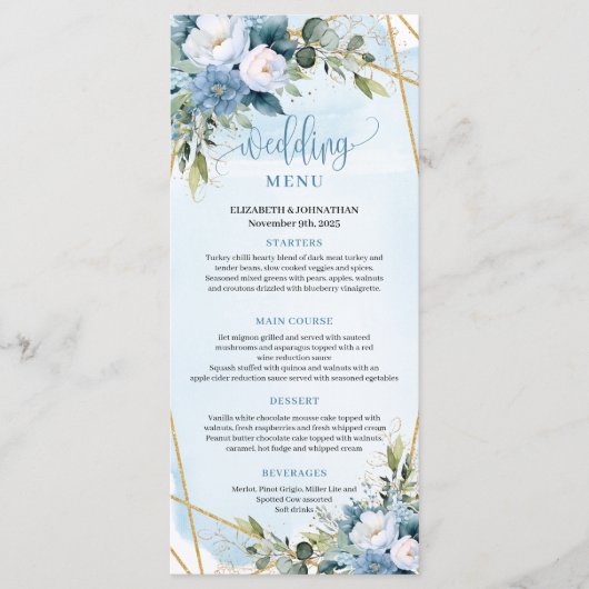 Boho Dusty Blue Eucalyptus Floral Wedding Menu Menükarte (Vorderseite)
