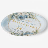 Boho Dusty Blue Eucalyptus Gold Glitter Benutzerde Pappteller (Schrägansicht)