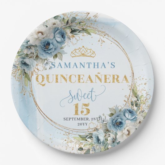 Boho Dusty Blue Eucalyptus Gold Glitter Custom   Pappteller (Vorderseite)