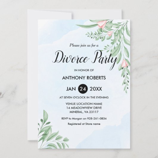 Boho Dusty Blue Eucalyptus Greenery Divorce Party  Einladung (Vorderseite)