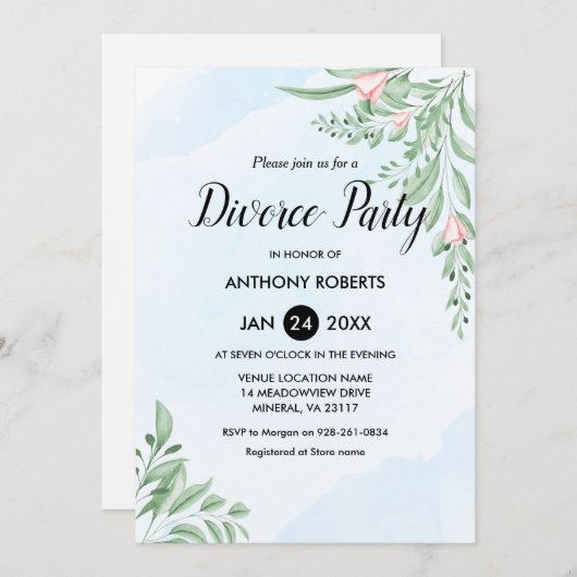 Boho Dusty Blue Eucalyptus Greenery Divorce Party  Einladung (Vorne/Hinten)