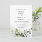 Boho Dusty Blue Eucalyptus Greenery Wedding Einladung (Stehend Vorderseite)