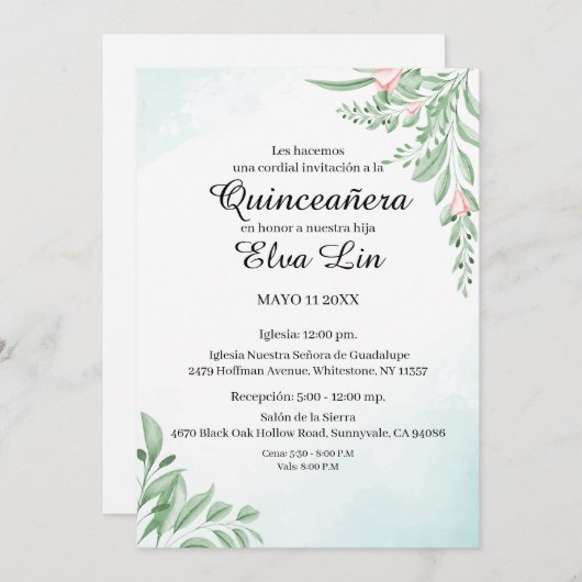 Boho Dusty Blue Eucalyptus Quinceanera Save The Date (Vorne/Hinten)