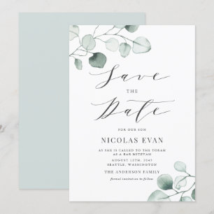 Boho Dusty Blue Eucalyptus Verlasse Bar Mitzvah Save The Date