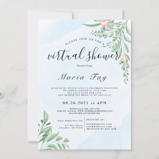 Boho Dusty Blue Eucalyptus Virtual Brautparty  Einladung (Vorderseite)