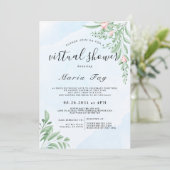 Boho Dusty Blue Eucalyptus Virtual Brautparty  Einladung (Stehend Vorderseite)