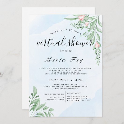 Boho Dusty Blue Eucalyptus Virtual Brautparty Einladung (Vorne/Hinten)