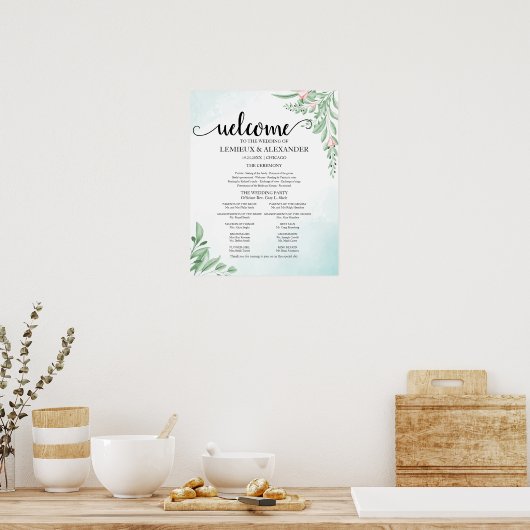 Boho Dusty Blue Eucalyptus Wedding Program Poster (Küche)