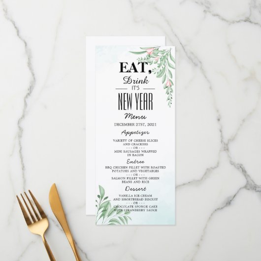 Boho Dusty Blue Eukalyptus Greenery Neues Jahr Menükarte (Vorderseite/Rückseite Beispiel)