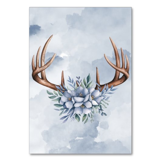 Boho Dusty Blue Floral and Deer Antlers Wedding Tischnummer (Rückseite)