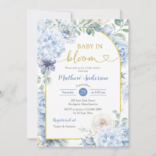 Boho Dusty Blue Floral Baby In Bloom Baby Shower Einladung (Vorderseite)