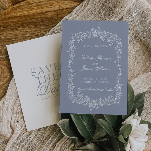 Boho Dusty Blue Floral Botanical Wedding Save The  Date