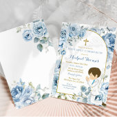 Boho Dusty Blue Floral Boy Gebet Erste Kommunion Einladung