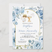 Boho Dusty Blue Floral Boy Taufe Einladung (Vorderseite)