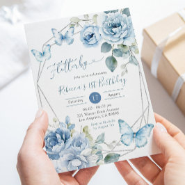 Boho Dusty Blue Floral Butterfly Geburtstag Einladung