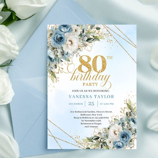 Boho Dusty Blue Floral Gold 80th Birthday Invite Einladung
