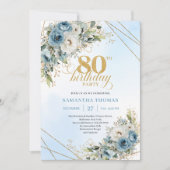 Boho Dusty Blue Floral Gold 80th Birthday Invite Einladung (Vorderseite)