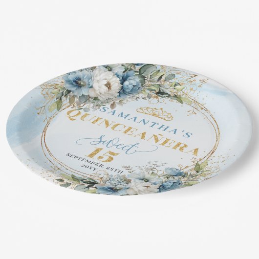 Boho Dusty Blue Floral Gold Custom Name Plates Pappteller (Schrägansicht)