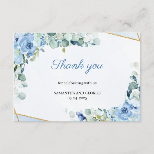 Boho Dusty Blue Floral Gold Geometric Vielen Dank Begleitkarte (Vorderseite)