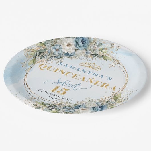 Boho Dusty Blue Floral Gold Personalized Quince  Pappteller (Schrägansicht)