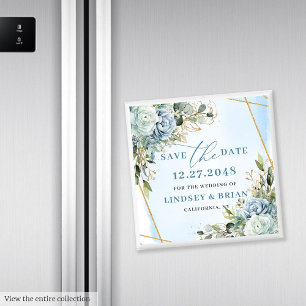 Boho Dusty Blue Floral Gold Save the Date Magnet
