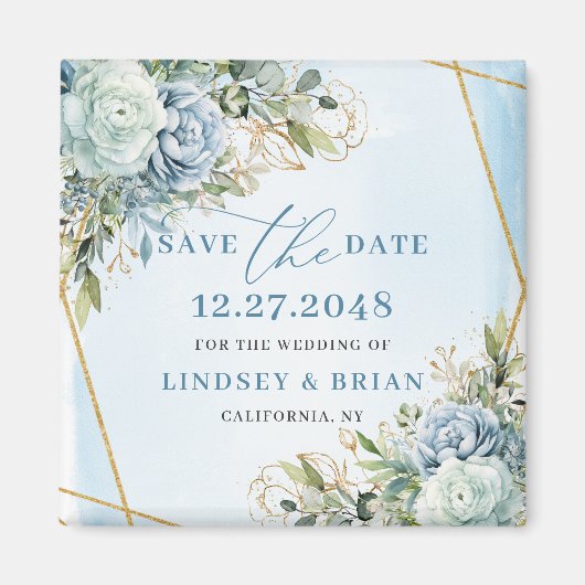 Boho Dusty Blue Floral Gold Save the Date Magnet (Vorne)