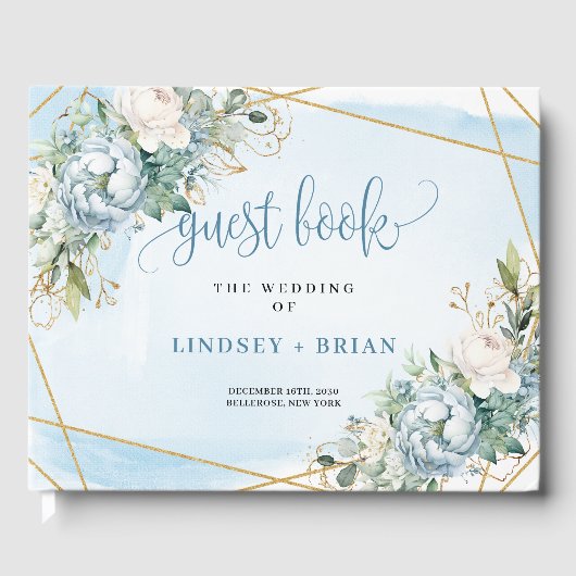 Boho Dusty Blue Floral Gold Wedding Gästebuch (Vorderseite)