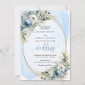 Boho Dusty Blue Floral Gold Wedding Invitation Einladung (Vorderseite)