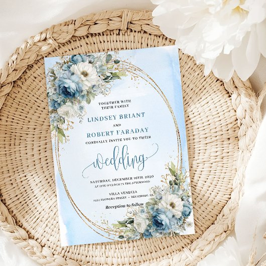 Boho Dusty Blue Floral Gold Wedding Invitation Einladung