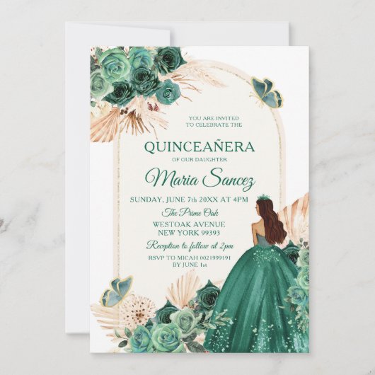 Boho Dusty Blue Floral Mexican Quinceañera Invitat Einladung (Vorderseite)