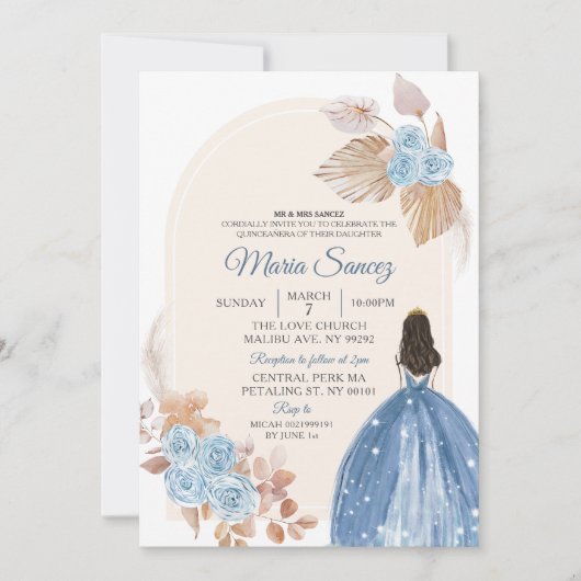 Boho Dusty Blue Floral Mexican Quinceañera Invitat Einladung (Vorderseite)