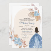 Boho Dusty Blue Floral Mexican Quinceañera Invitat Einladung (Vorne/Hinten)