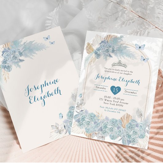 Boho Dusty Blue Floral Pampas Girl's Quinceañera Einladung